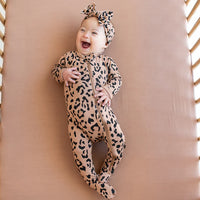 KYTE BABY ZIPPERED FOOTIE IN LATTE LEOPARD