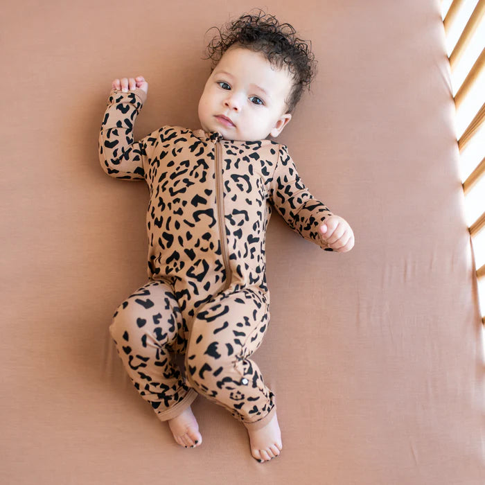 KYTE BABY ZIPPERED ROMPER IN LATTE LEOPARD