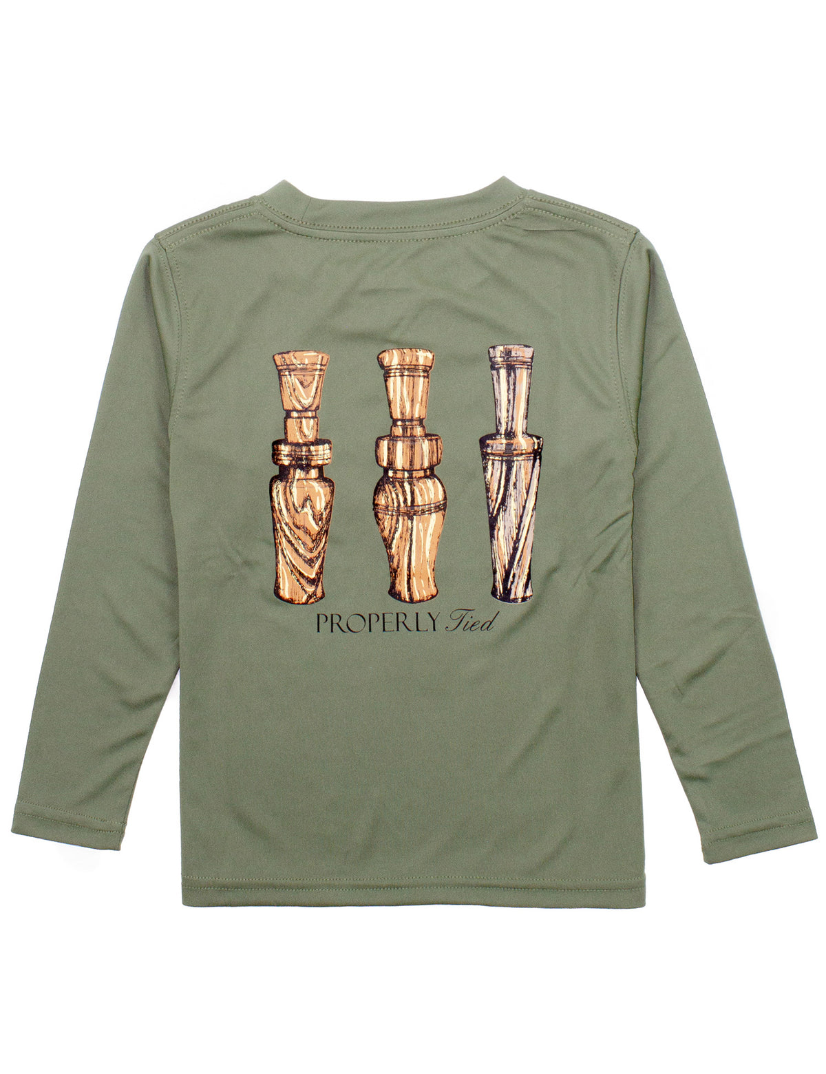 PROPERLY TIED LD PERFORMANCE TEE LS DUCK CALLS OLIVE