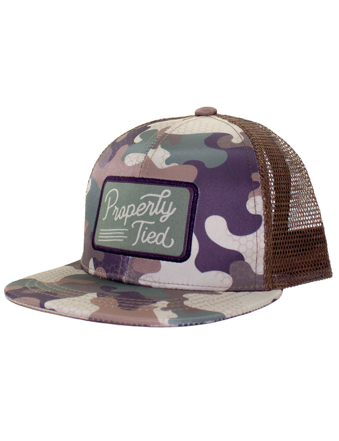 PROPERLY TIED BOYS SPORTSMAN TRUCKER HAT DELTA WOODLAND CAMO