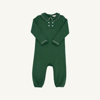 A dark green long-sleeve baby footless one-piece jumpsuit with a mock neck, three decorative buttons, and white piping details on the collar and cuffs, displayed flat against a light off-white background.