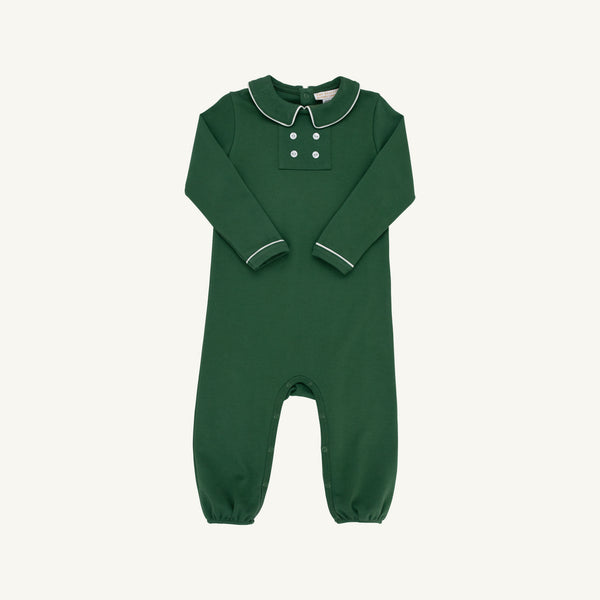 A dark green long-sleeve baby footless one-piece jumpsuit with a mock neck, three decorative buttons, and white piping details on the collar and cuffs, displayed flat against a light off-white background.