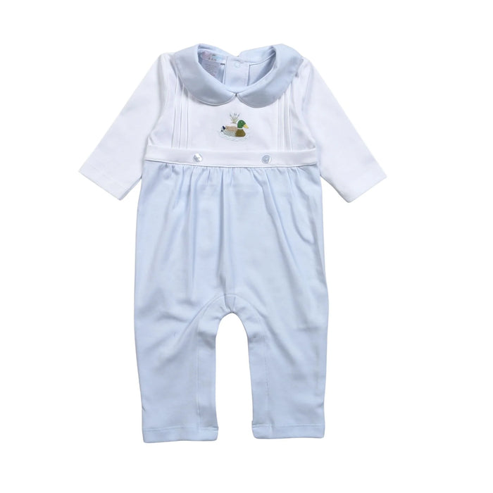 BABY LOREN BLUE MALLARD DUCKS HAND EMBROIDERED ROMPER