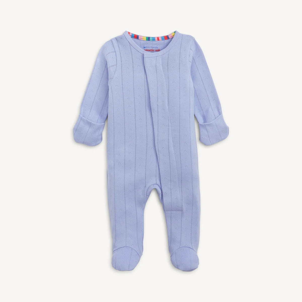 Blue baby onesie with a colorful neckline on a white background