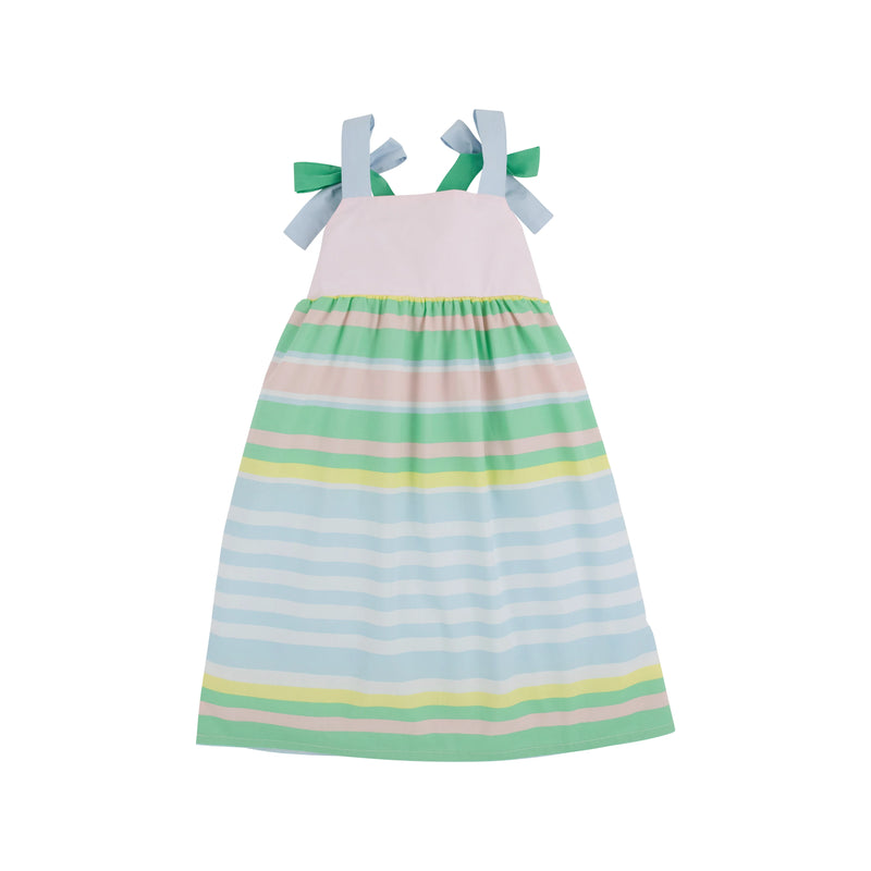 TBBC MACIE MIDI DRESS SARASOTA STRIPE WITH PALM BEACH, BUCKHEAD BLUE, AND GRACE BAY GREEN