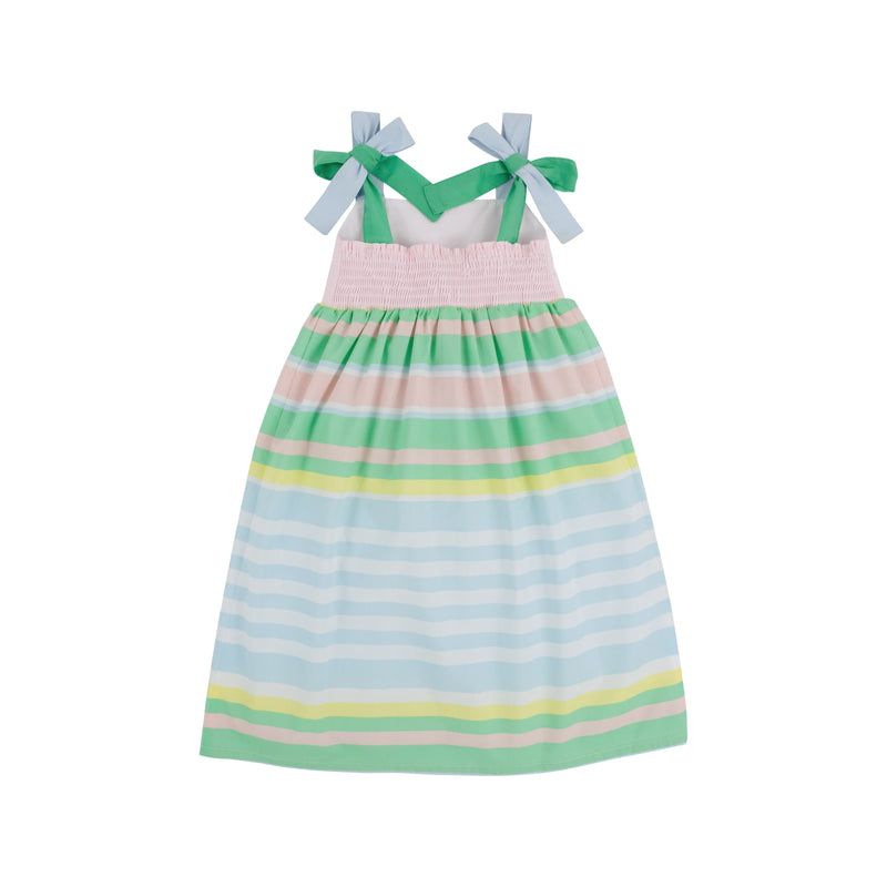 TBBC MACIE MIDI DRESS SARASOTA STRIPE WITH PALM BEACH, BUCKHEAD BLUE, AND GRACE BAY GREEN