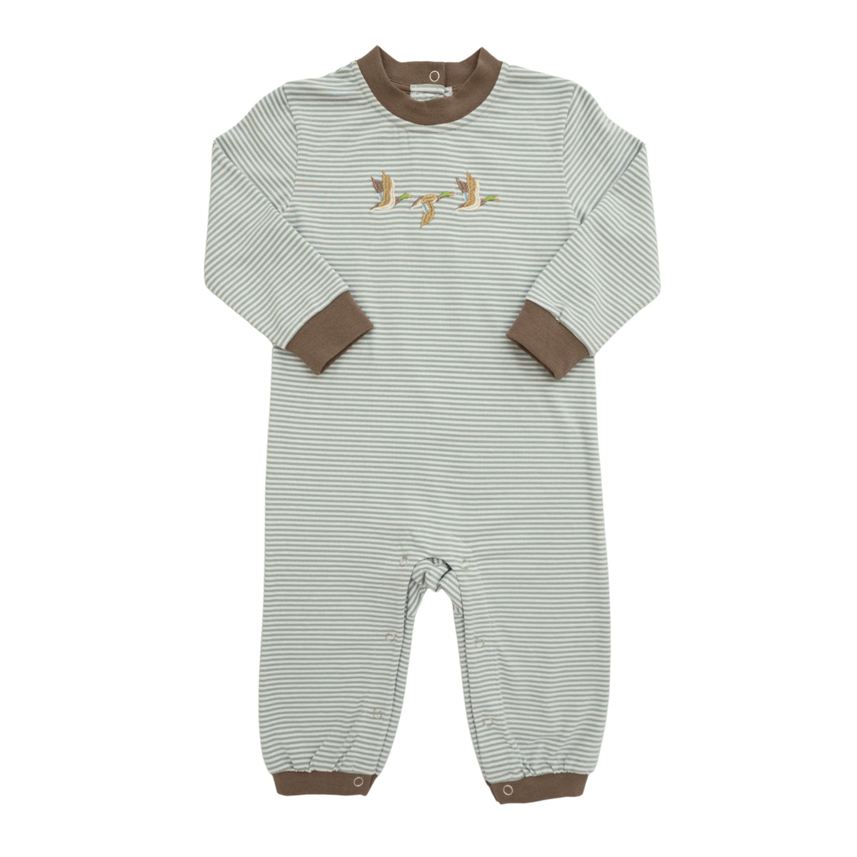 Striped baby romper with brown accents on a white background