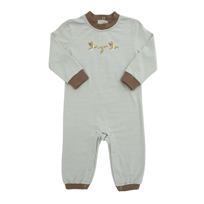 Striped baby romper with brown accents on a white background
