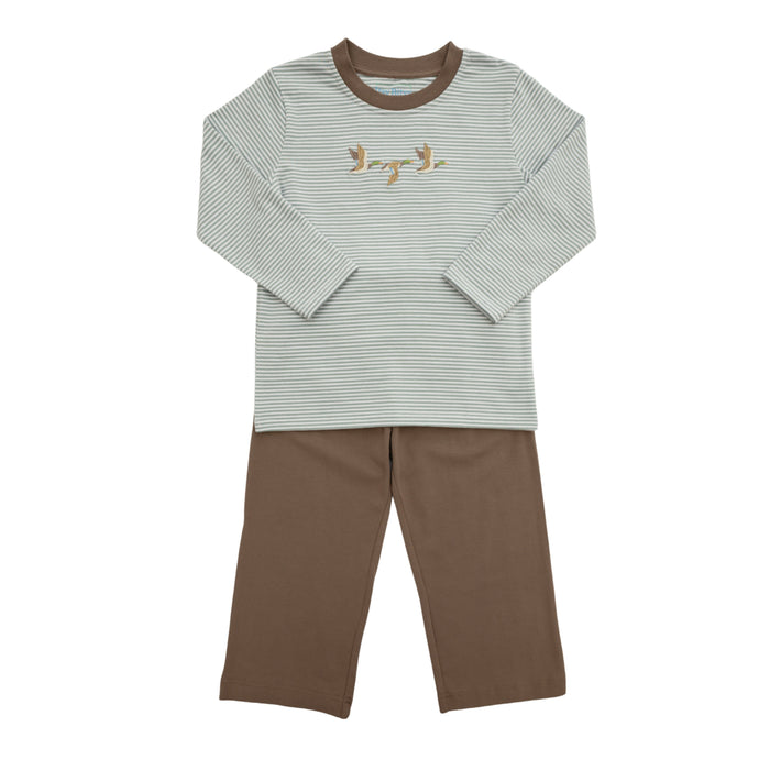 A two-piece children's pajama set featuring a long-sleeve top with thin green and white stripes, a brown crew neck, and a small embroidered design on the chest, paired with solid brown pants.