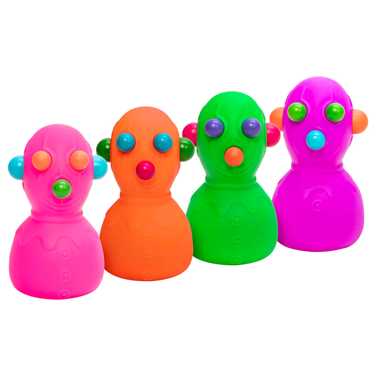 Four colorful, egg-shaped sensory toys in pink, orange, green, and purple, arranged side-by-side on a solid white background.