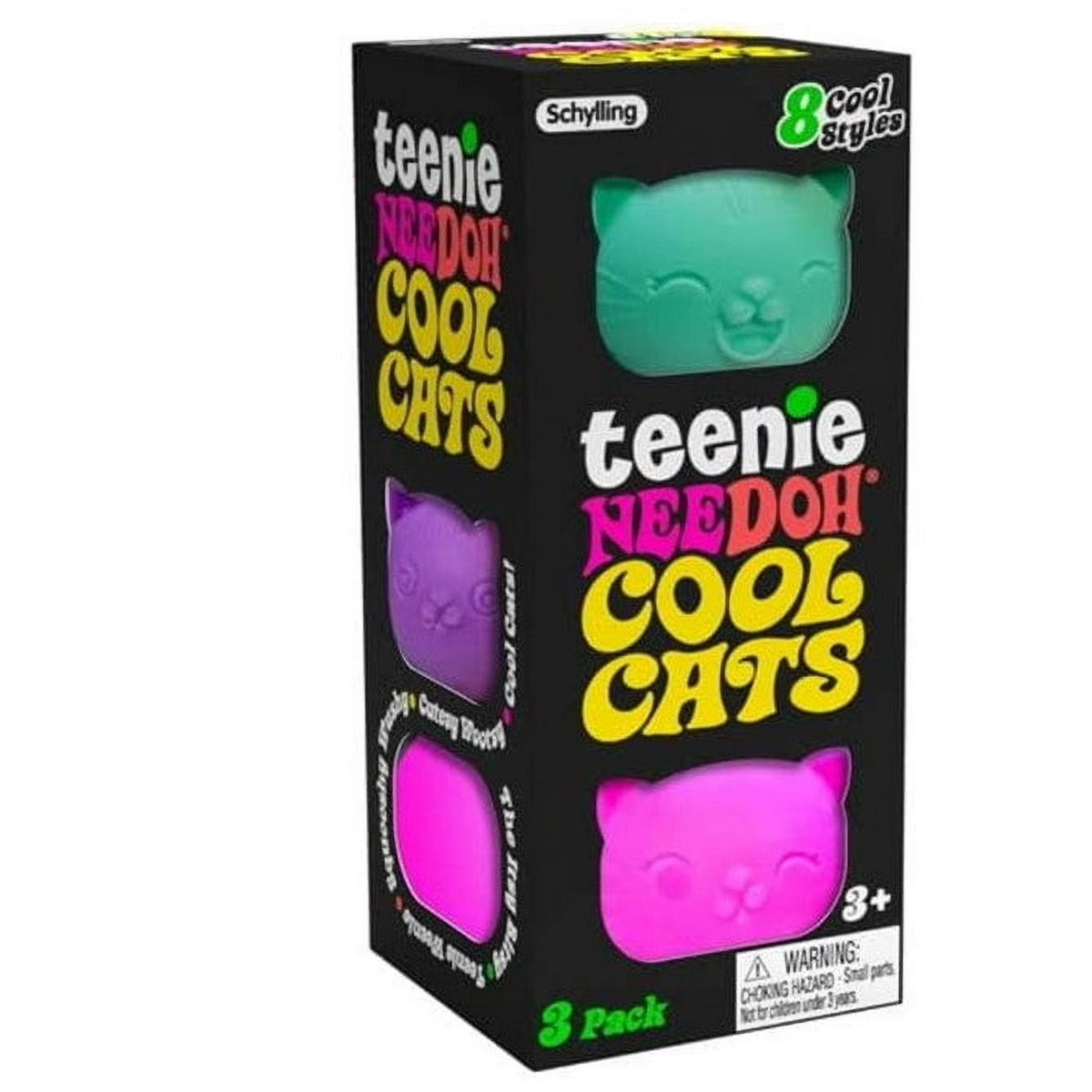 Box of Schylling Teenie Needoh Cool Cats toys with colorful cat-shaped figures on a white background.