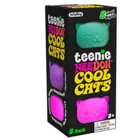 Box of Schylling Teenie Needoh Cool Cats toys with colorful cat-shaped figures on a white background.