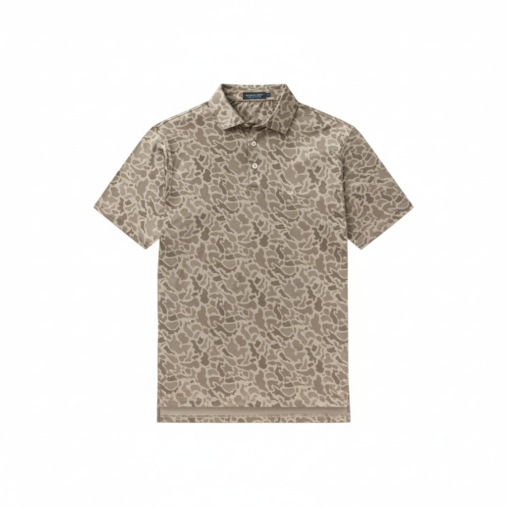 Beige patterned polo shirt on a white background