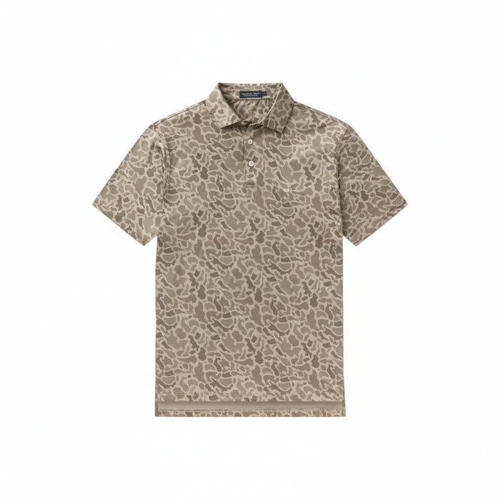 Beige patterned polo shirt on a white background