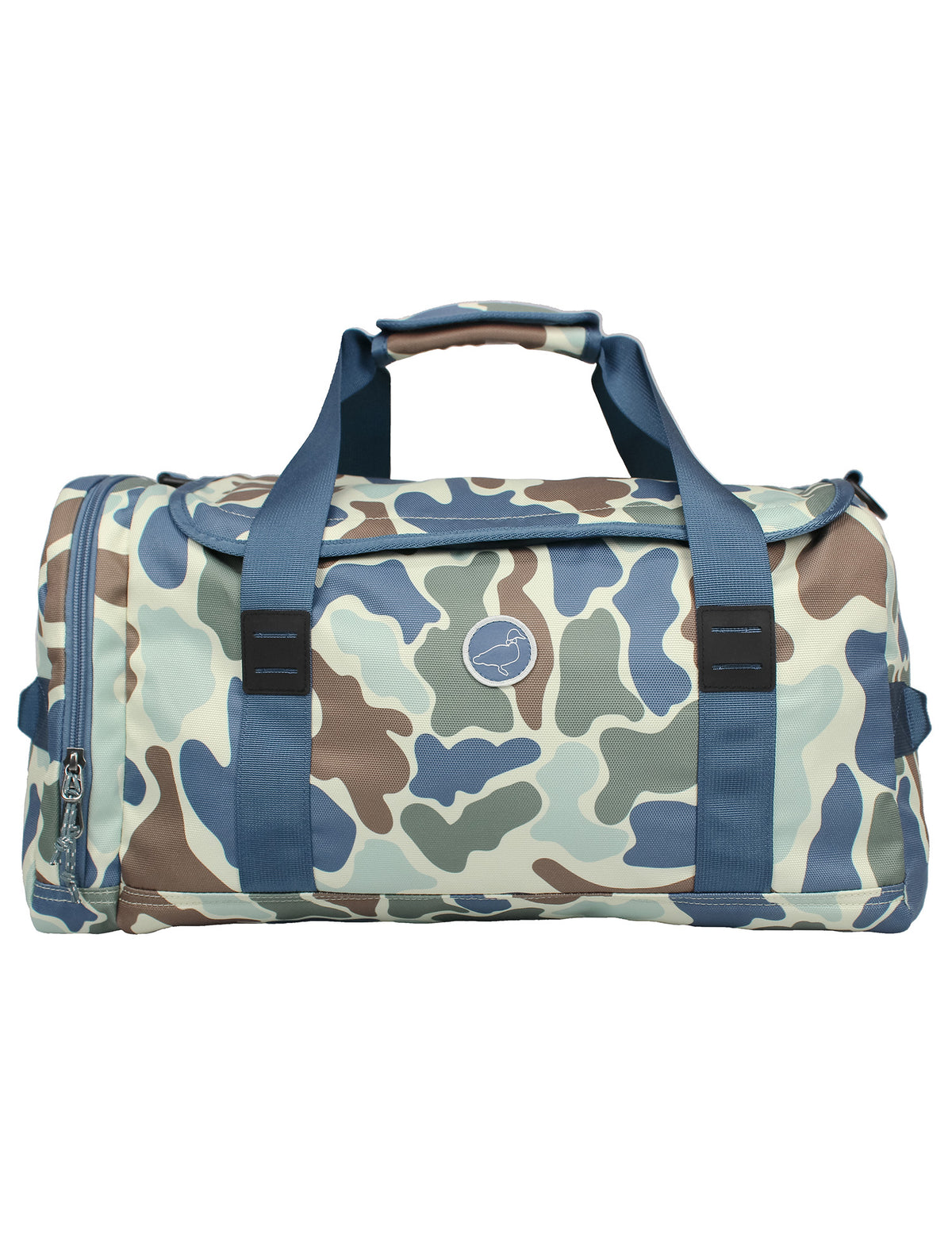 Camouflage-patterned duffel bag with blue straps on a white background