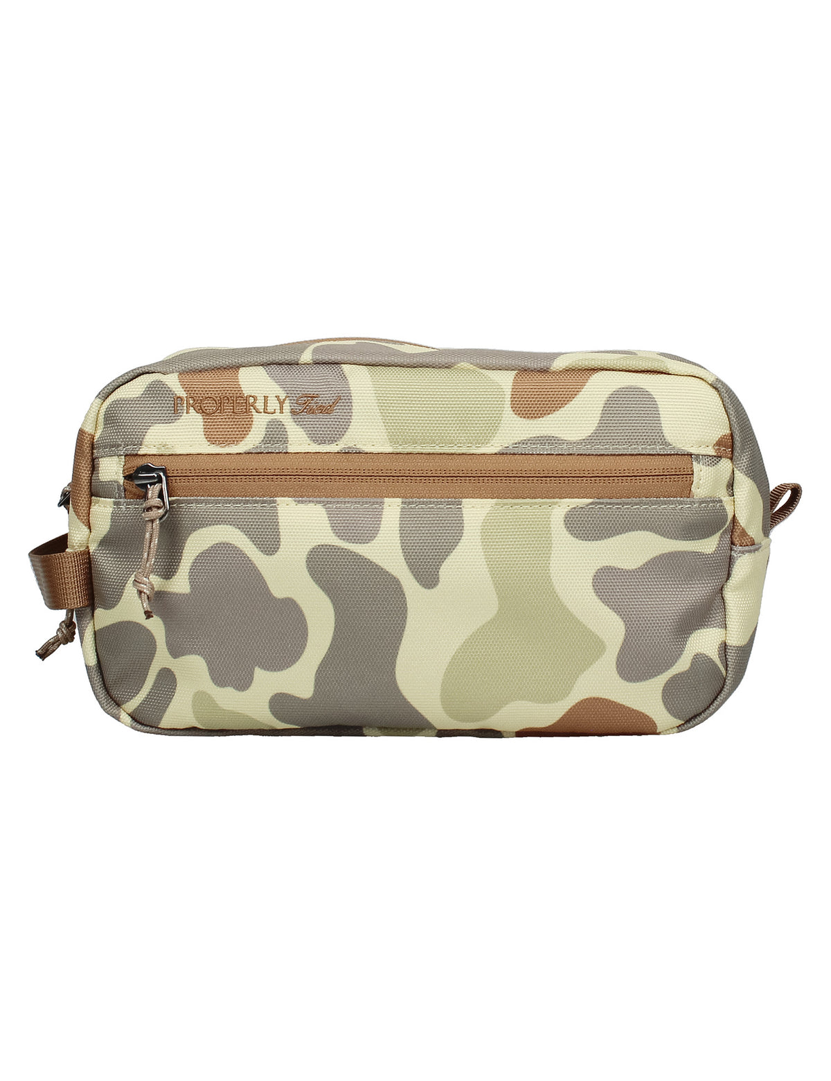 Camouflage-patterned bag with brown accents on a white background