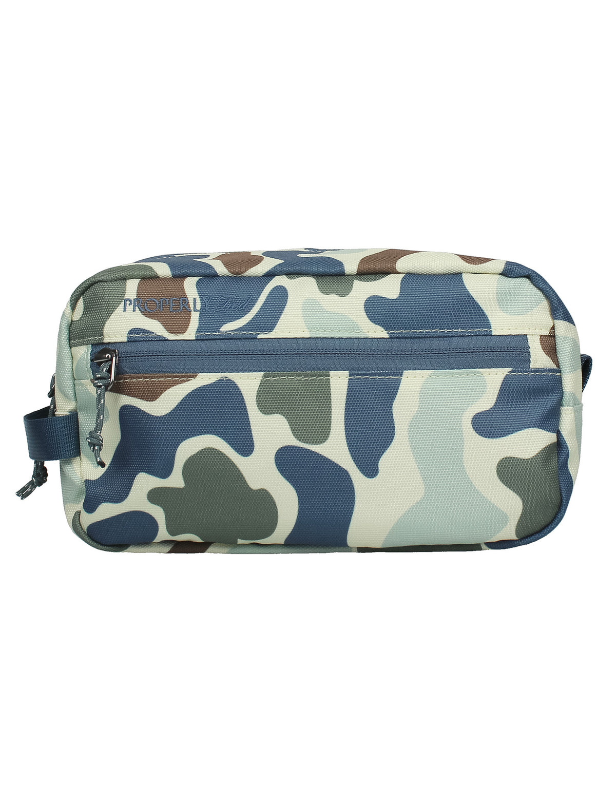 Camouflage-patterned toiletry bag on a white background