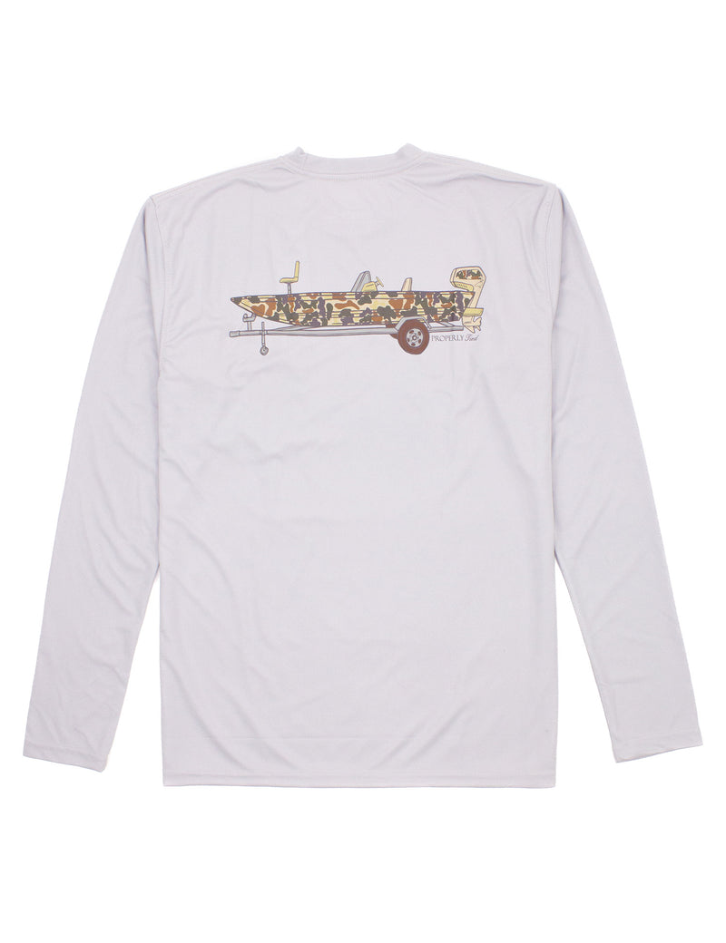 PROPERLY TIED LD PERFORMANCE TEE LS CAMO BOAT ICE GREY