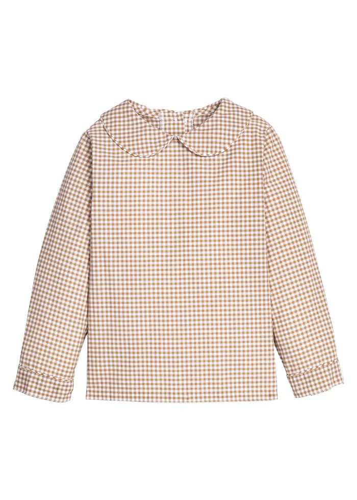 A long-sleeve children's blouse featuring a brown and beige gingham check pattern, a ruffled Peter Pan collar, and matching ruffle trim along the collar and cuffs, displayed against a solid white background.