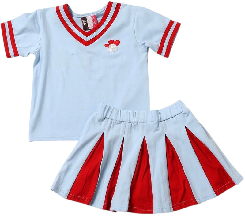 A two-piece children's school uniform set consisting of a light blue short-sleeve V-neck top with red trim and a matching pleated skirt with red side panels, shown on a plain white background.