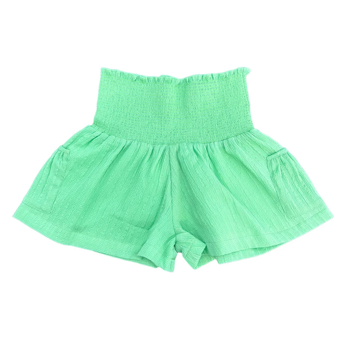 LITTLE OLIN GREEN RUFFLE SMOCKED SHORTS WITH POCKETS