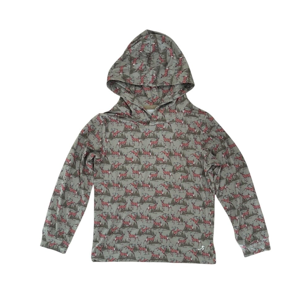 A kids' long-sleeve hooded sweatshirt with an all-over dinosaur print in gray, pink, and red, shown flat against a white background.
