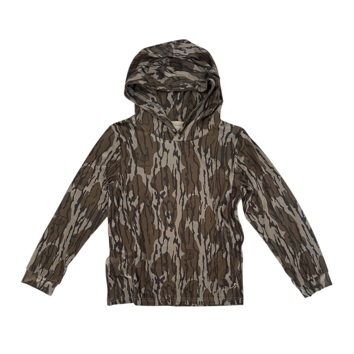 A hooded long-sleeve jacket with an all-over vertical bark-style camouflage pattern in shades of brown, beige, and gray, shown flat against a white background.