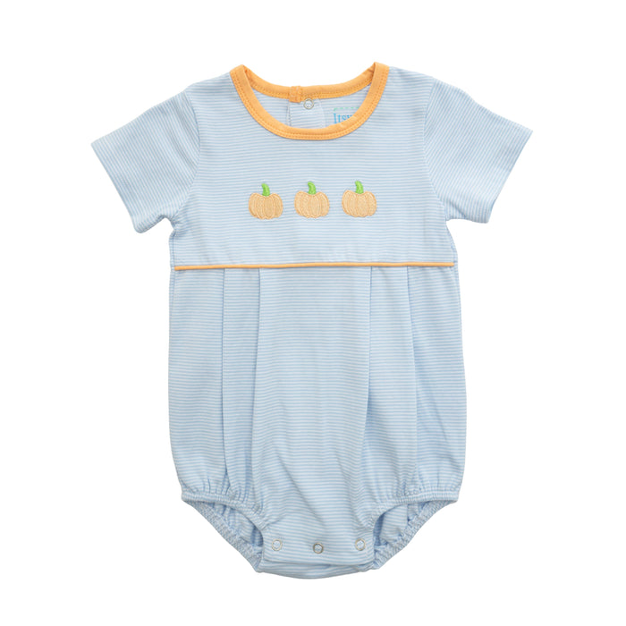 A baby short-sleeve bodysuit in light blue and white micro-stripe fabric, featuring a yellow-orange crew neck trim, a matching horizontal stripe across the chest, and three embroidered orange pumpkins with green stems on the chest.