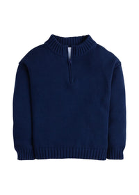 A navy blue knit quarter-zip sweater with a ribbed mock neck, cuffs, and hem, displayed on a clean white background.