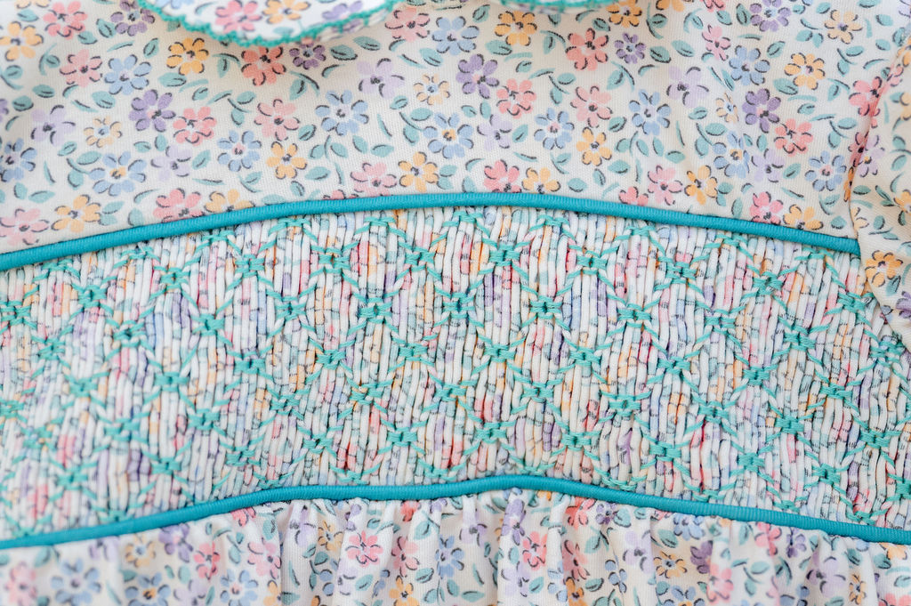 Ruth & Ralph Aqua Floral Smocked Woven Sadie Dress