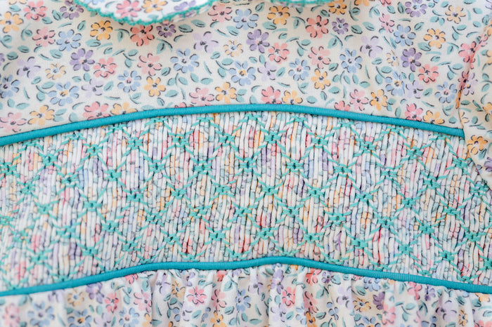 Ruth & Ralph Aqua Floral Smocked Woven Sadie Dress