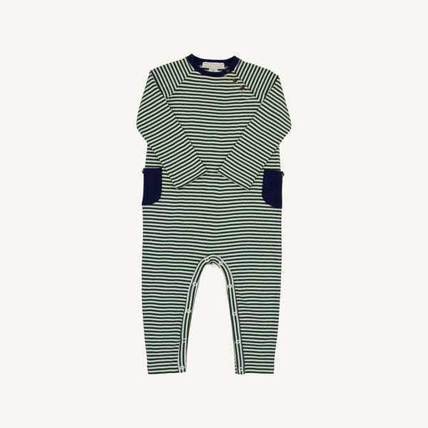 A baby long-sleeve romper with thin green and white horizontal stripes, featuring solid navy blue cuffs and pocket details, displayed on a light off-white background.