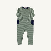 A baby long-sleeve romper with thin green and white horizontal stripes, featuring solid navy blue cuffs and pocket details, displayed on a light off-white background.