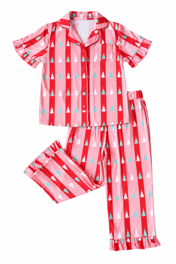 A two-piece children's pajama set featuring a short-sleeve button-up top and matching pants, both in a pink and red vertical stripe pattern decorated with small white and light blue Christmas tree motifs, shown on a plain white background.