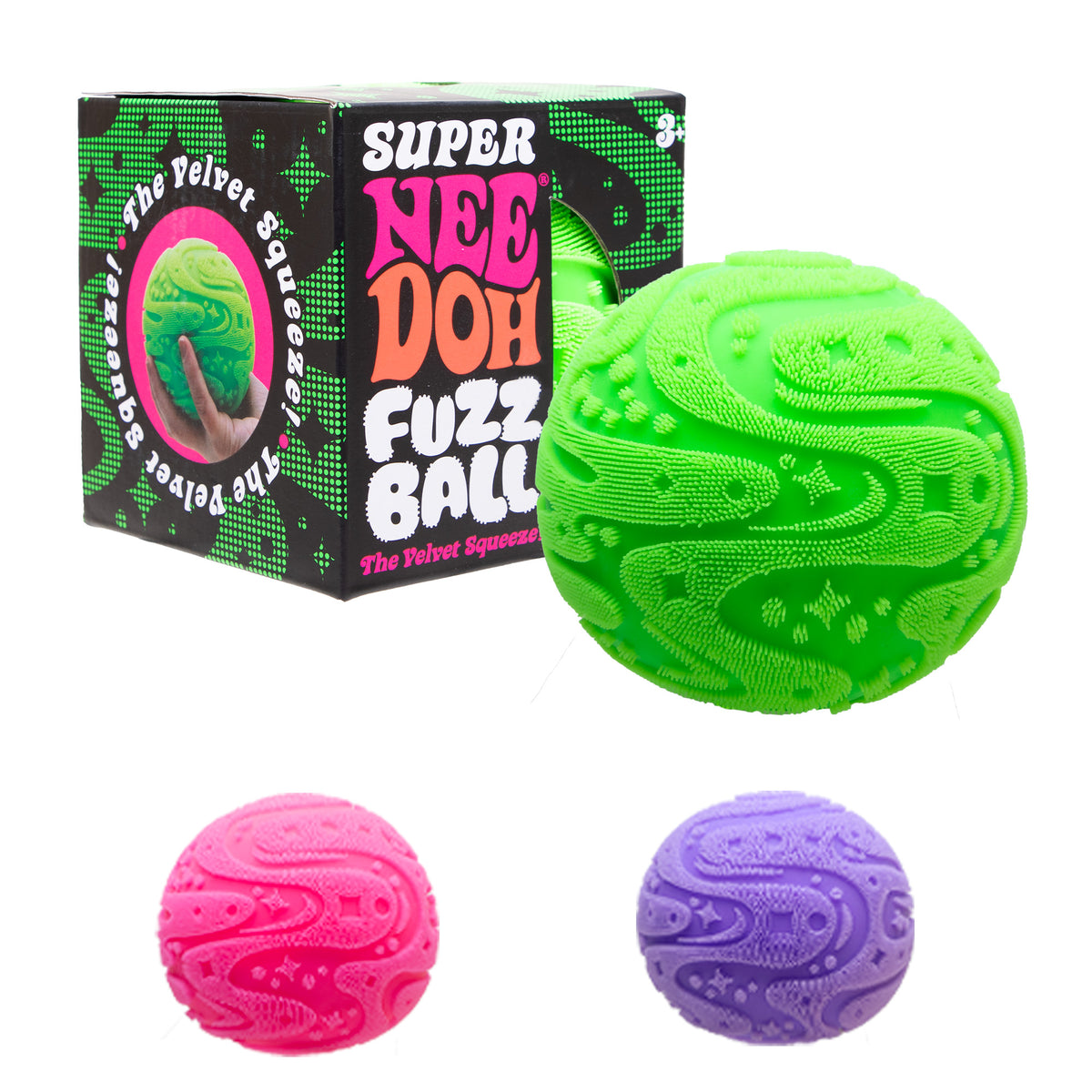 Green, pink, and purple fuzz balls with packaging on a white background