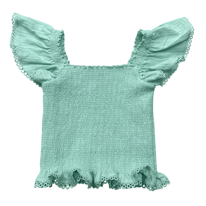 LITTLE OLIN AQUA SMOCKED RUFFLE TOP