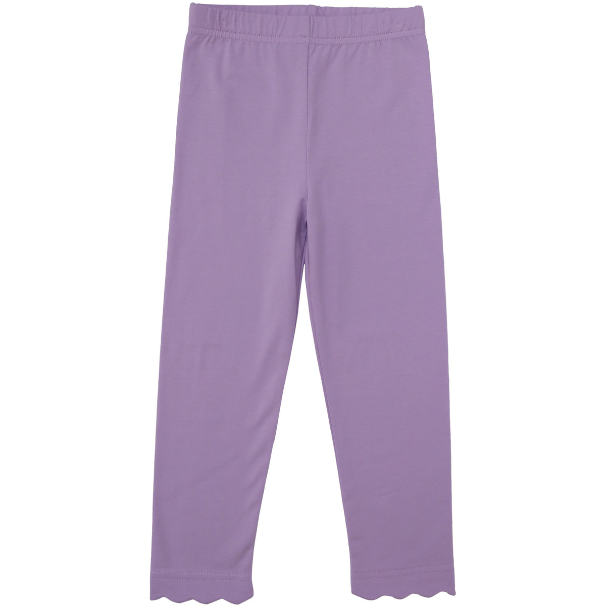A pair of solid light purple leggings with an elastic waistband and scalloped hems, shown flat against a white background.