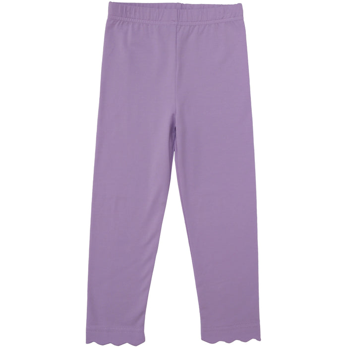 A pair of solid light purple leggings with an elastic waistband and scalloped hems, shown flat against a white background.