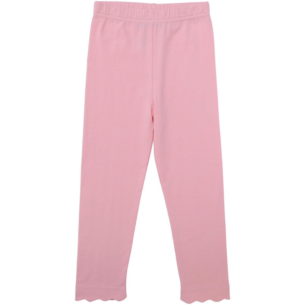 Pink girls' leggings with an elastic waistband and scalloped hems, shown flat against a white background.