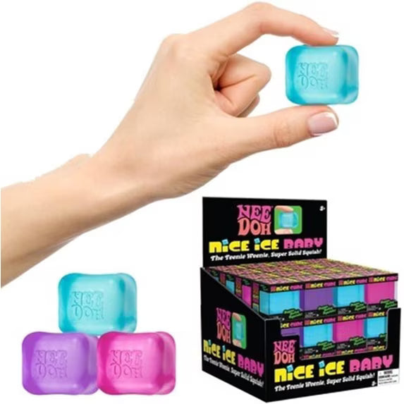 A hand holds a translucent blue square ice cube labeled 'Nee Doh' above a display box and two smaller ice cubes in purple and pink, all on a white background.