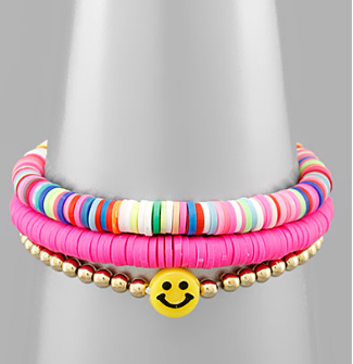 2 RUBBER & SMILE METAL BEADS BRACELET SET HOT PINK