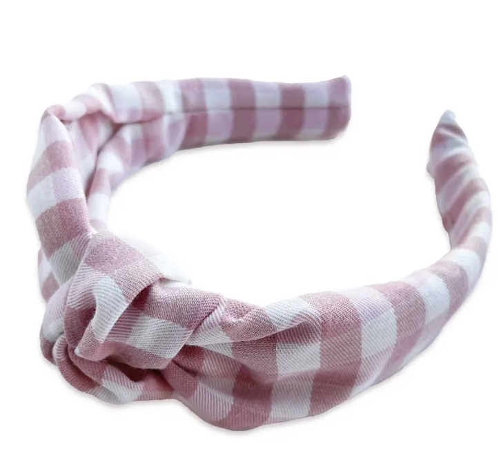 FLANNEL GINGHAM KNOT HEADBAND - BABY PINK