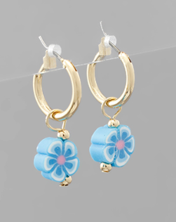 EARRING FLOWER DROP HOOP BLUE