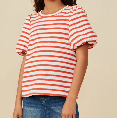 HAYDEN GIRLS STRIPED TERRY TEXTURED PUFF SLEEVE KNIT TOP