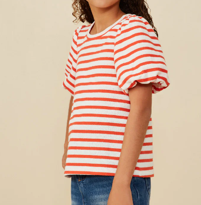 HAYDEN GIRLS STRIPED TERRY TEXTURED PUFF SLEEVE KNIT TOP