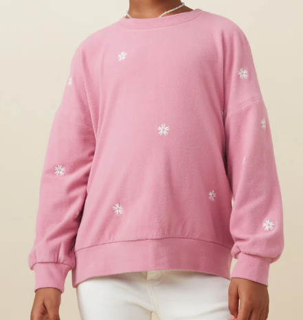 HAYDEN GIRLS BRUSHED TEXTURED FLORAL EMBROIDERY SWEATSHIRT