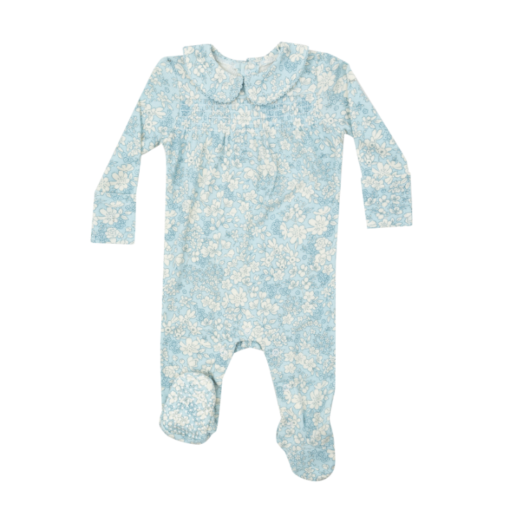 ANGEL DEAR RIBBED BLUE MEADOW FLORAL SMOCKED PETER PAN FOOTIE