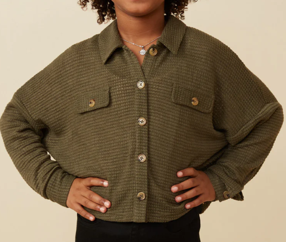 HAYDEN GIRLS SOFT WAFFLE KNIT DOLMAN BUTTON UP SHIRT