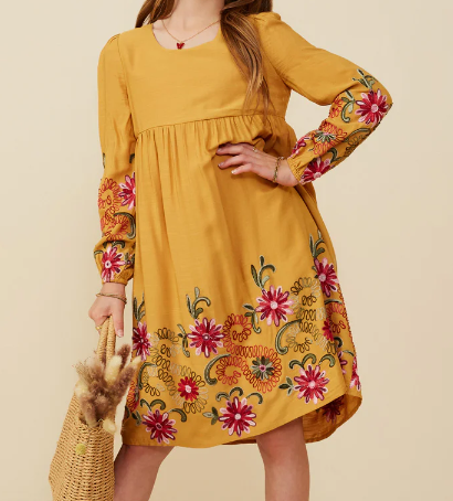 HAYDEN GIRLS EMBROIDERED DETAIL LONG SLEEVE SCOOP NECK DRESS MUSTARD