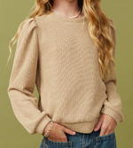 HAYDEN GIRLS RIBBED KNIT BANDED DETAIL MOCK NECK TOP TAUPE